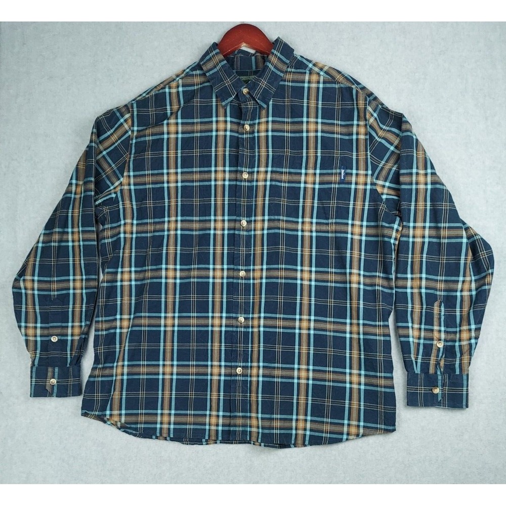 Woolrich Mens XL Long Sleeve Button Up Plaid Blue Check Marble Lines